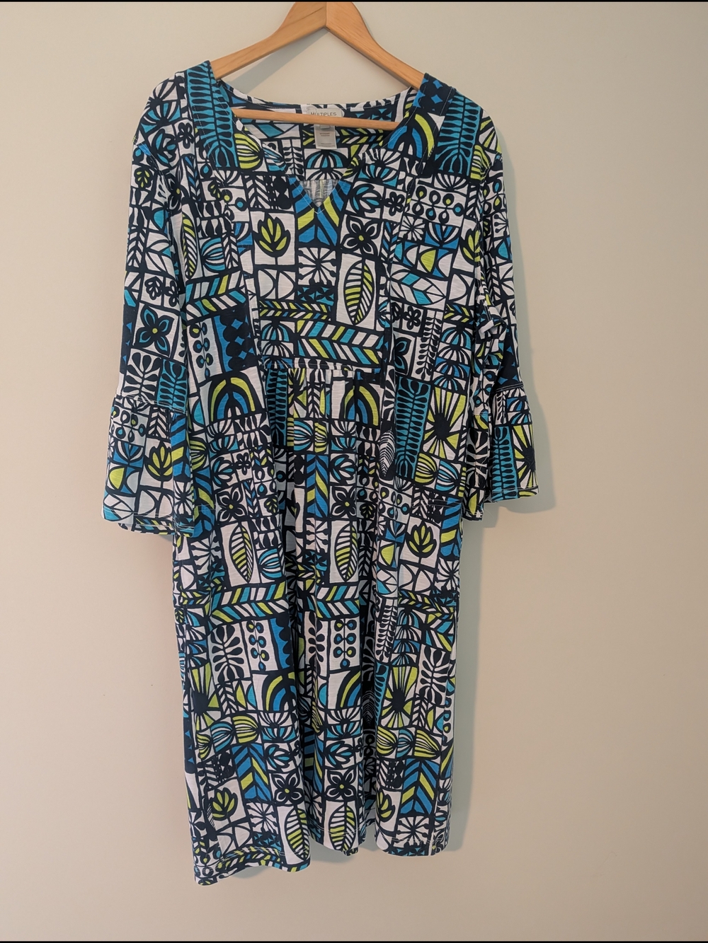 Multiples Blue, Teal & Lime Geometric Long Sleeve Dress